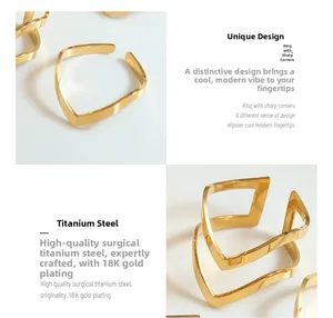 Detailed view of 18K gold plated titanium steel pointed open ring with smooth finish