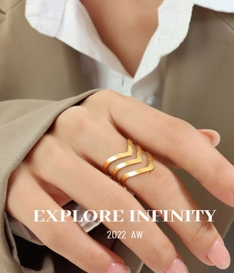 Close-up of a three-layered gold chevron ring on model hand with minimalist style
