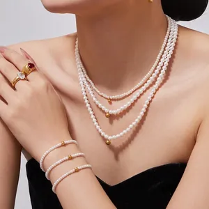 French Fashion Shell Artificial Pearl Beaded Jewelry For Women Stainless Steel Gold Plated Layered Necklace And Bracelet Stackable