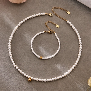 French style pearl necklace and bracelet set with golden stainless steel beads