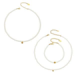 French style pearl beaded necklace and bracelet set with gold stainless steel accents