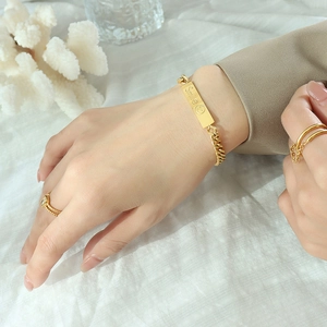 18k gold plated chunky chain bracelet with smile square charm and matching rings