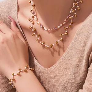 Stainless Steel Necklace And Bracelet With Natural Gemstones Shell Artificial Pearl Handmade Waterproof Bohemian Jewelry For Women