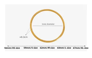 Size guide for gold titanium bangle showing inner diameters from 56mm to 67mm
