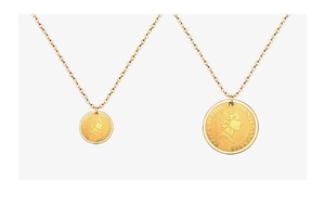 Detailed macro view of 18K gold plated coin pendants featuring Queen Elizabeth II portrait