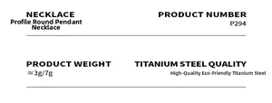 Detail showing the specifications of the portrait medallion necklace in eco-friendly titanium