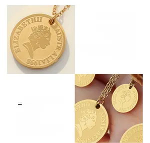 Macro detail of 18K gold plated coin pendant featuring Elizabeth II portrait engraving