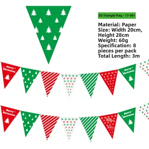 Detail of red and green Christmas paper bunting flags with Merry Christmas patterns