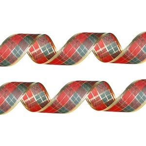 Ruban écossais rouge et vert avec bordure dorée pour décoration de sapin de Noël