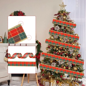 Red and green tartan Christmas ribbon with gold edges for DIY tree and gift decoration