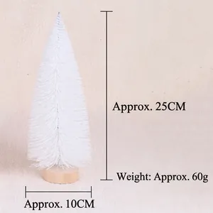 Miniature 25cm white frosted Christmas tree with wooden base and dimensions shown