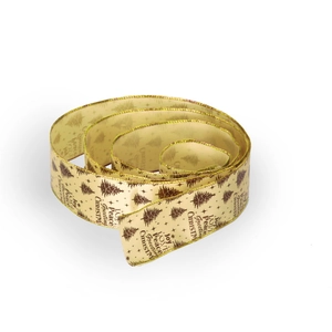 Detail van 6,3 cm kerstlint met gouden feestelijke belettering en sterpatronen