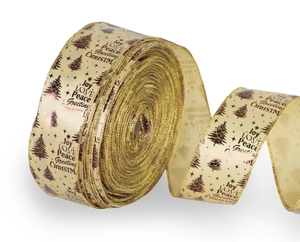 Détail d'un ruban de Noël beige de 6,3 cm avec motifs d'arbres et mots de fête