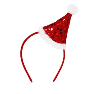 Kersthaarband met rode pailletten mini kerstmuts en witte pompon op een witte achtergrond