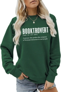 Close-up of Booktrovert text print on dark forest green long sleeve crewneck sweatshirt