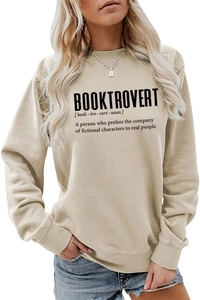 Detail of Booktrovert definition print on khaki long sleeve crewneck sweatshirt for women