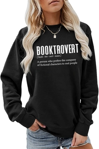 Detail of Booktrovert definition print on black long-sleeve crewneck sweatshirt