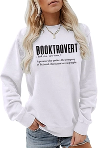 Close-up of the white Booktrovert letter print on this casual long-sleeve sweatshirt