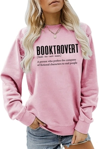 Detail of Booktrovert text print on pink long sleeve crewneck sweatshirt for women