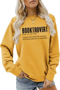 Detail of Booktrovert text and phonetic definition printed on yellow sweatshirt