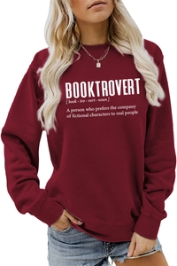 Detail of maroon Booktrovert long sleeve sweatshirt with white typography print on chest