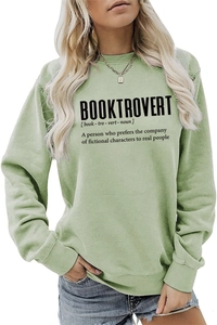 Detail of Booktrovert text print on sage green long sleeve crewneck sweatshirt