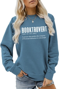 Detail of Booktrovert text print on dusty blue crewneck sweatshirt for women