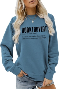 Detail of teal blue Booktrovert letter print sweatshirt with ribbed cuffs and hem