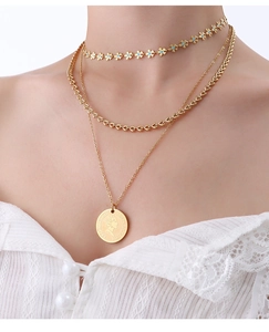 Detail of multi-layer 18K gold plated coin pendant necklace set on model's neck