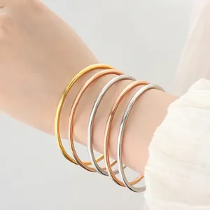 Minimalist titanium steel gold plated thin bangles stacked in gold, silver, and rose gold