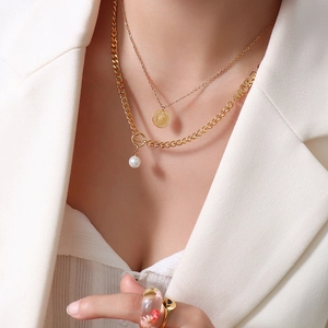 Layered 18K gold plated titanium necklace set with portrait coin and pearl pendant