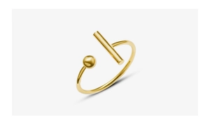 Detail shot of golden 18k minimalist T-shaped open ring with ball and cylinder accents