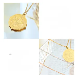 Detail of 18K gold plated titanium steel coin pendant with vintage embossed pattern