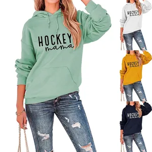 Sweat À Capuche Femme Imprimé Hockey Mama Mélange Coton Manches Longues Pull Décontracté Streetwear Poche Kangourou
