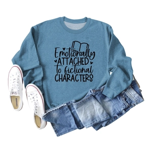 Flachbild-Ansicht des blauen Sweatshirts mit Text und Buch-Illustration-Detailansicht