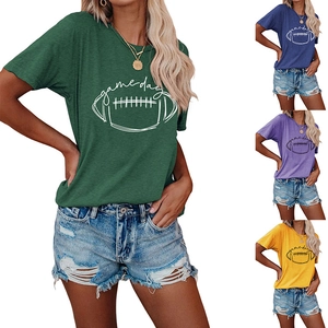 Detail view of Game Day printed women t-shirts in green, blue, purple, and yellow colors
