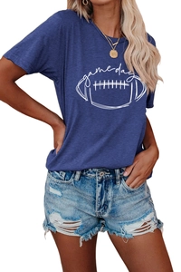 Detail view of the Game Day graphic print on a navy blue cotton short sleeve t-shirt