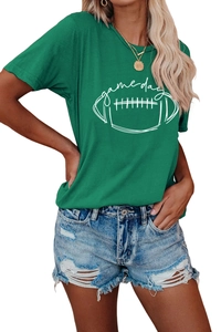 Detail of Game Day graphic print on dark green short-sleeved casual cotton T-shirt