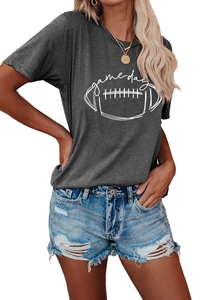Detail of grey Game Day graphic t-shirt showing football print and casual soft cotton texture