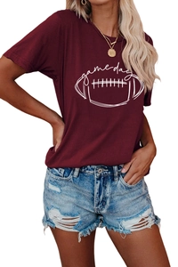 Detail of burgundy Game Day t-shirt featuring football print and soft cotton texture