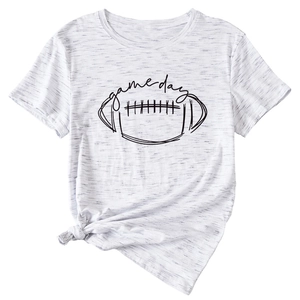 Close-up of Game Day text and rugby graphic on grey marl cotton blend short sleeve t-shirt