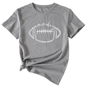Detail of grey short sleeve tee with white game day football print and knotted hem
