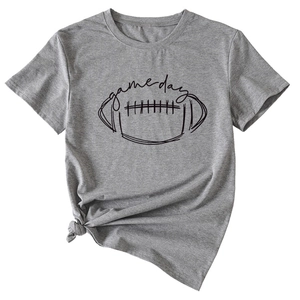Detail of grey short sleeve tee with game day football print and decorative side knot