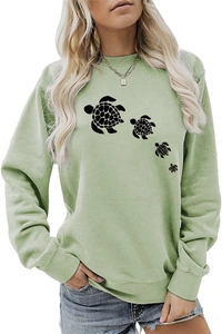 Detail of light green sweatshirt featuring four black sea turtle silhouettes on front