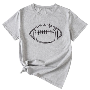 Detail of light gray t-shirt with Game Day football graphic and stylish knotted hem