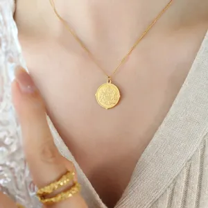 Vintage 18k gold plated stainless steel coin necklace with embossed coat of arms pendant