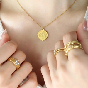 French vintage 18k gold plated coin pendant necklace and elegant ring set for women