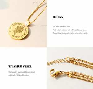 Macrodetail van drielaagse 18K vergulde titanium halsketting met een munt hanger