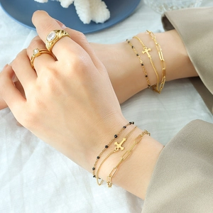 Triple Layered Bracelet Titanium Steel 18K Gold Plated Cross Pendant Black Beads Paperclip Chain Adjustable For Women