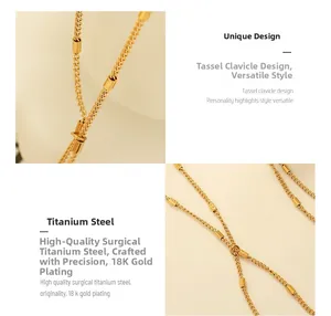 Detail of 18K gold plated titanium steel tassel necklace with delicate woven metal texture